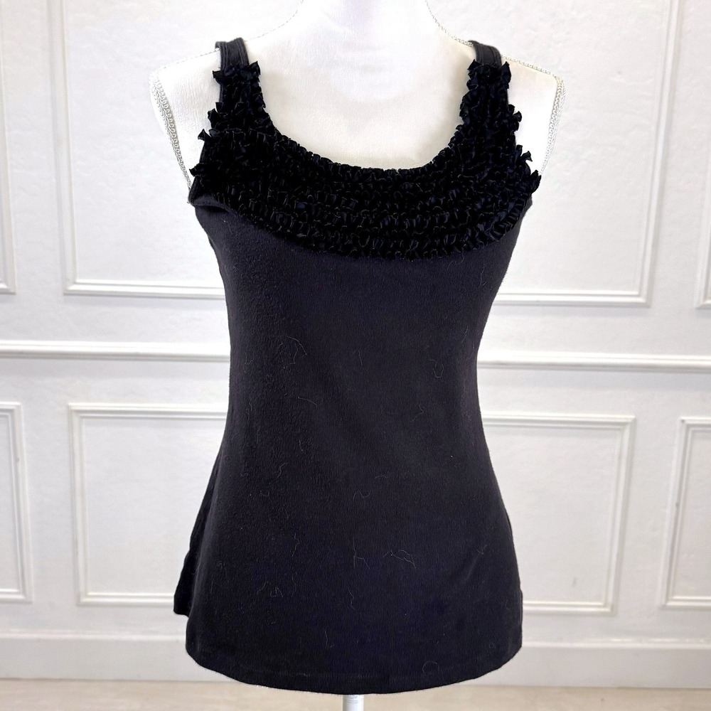 Bisou Bisou Tank Top Women L Black Ruffle Neck Coquette Romantic Y2K Gothic Chic